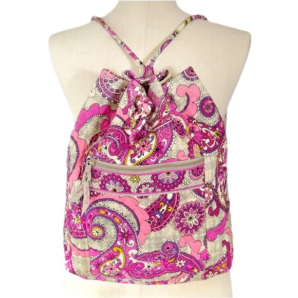 Vera Bradley Large Backpack, Drawstring in Paisley Meets Plaid EUC Pink Tan main image 4